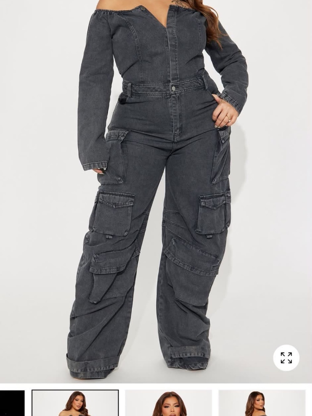Fashion Nova Dark Gray Off-Shoulder Cargo Jumpsuit